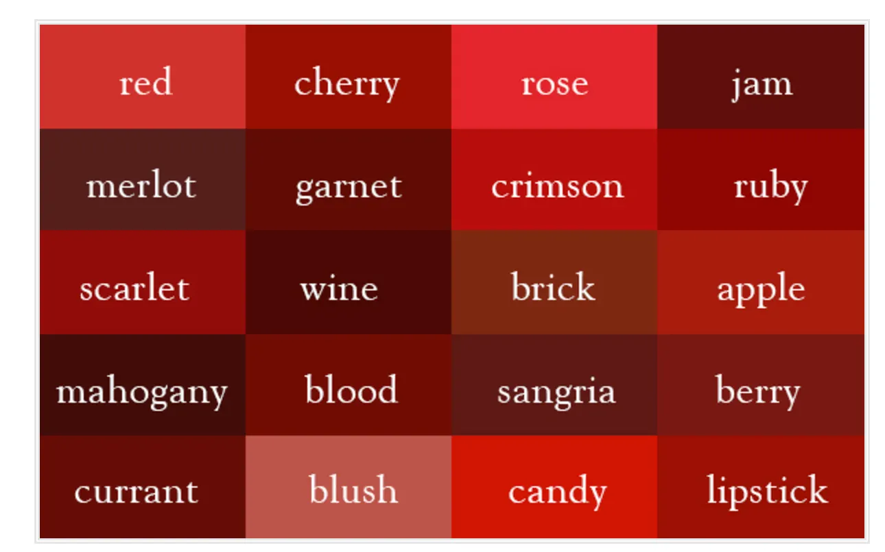 Shades of red from Ingrid Sundberg's color thesaurus.